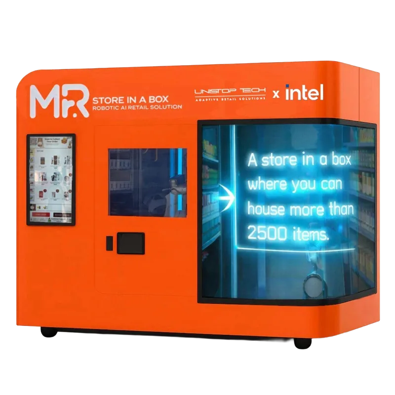 Mr R Store in a Box, an orange robotic retail kiosk by UniStop Tech and Intel