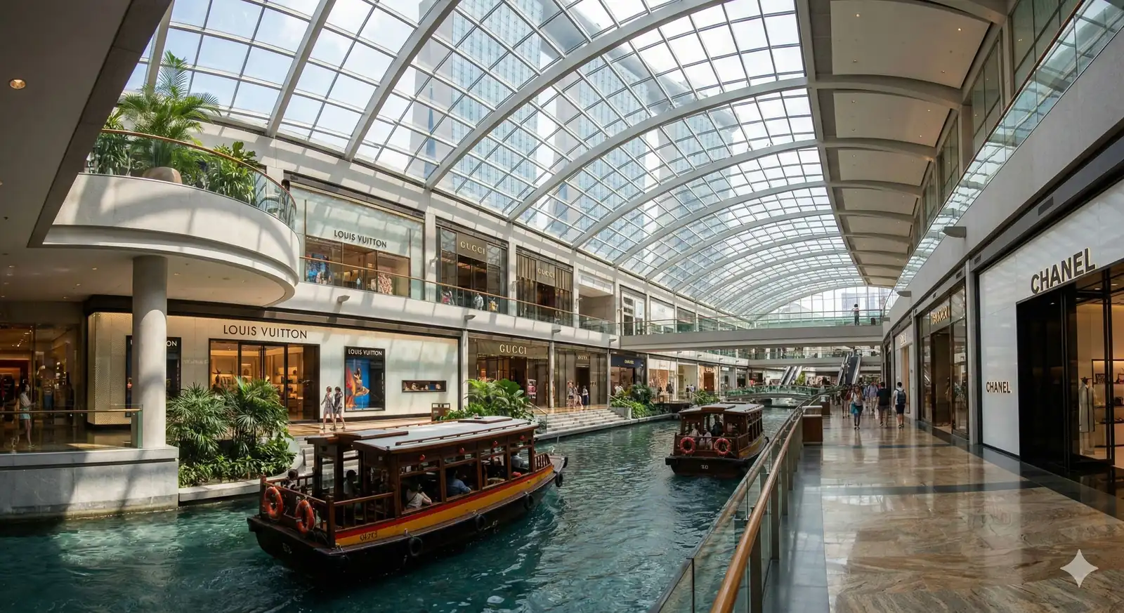Shopping mall with an indoor canal under a glass roof